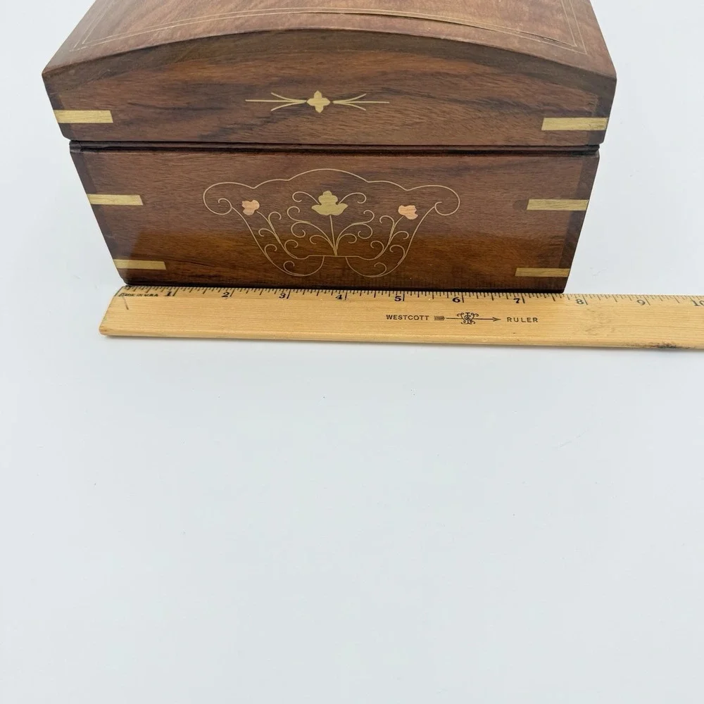 Vintage Wood Jewelry Keepsake Box Brass Inlay Locking - 2 Keys Felt Lined, 12x8